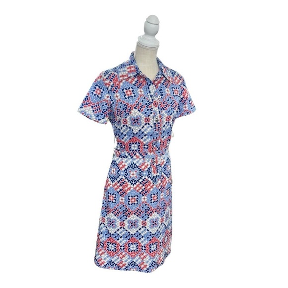 VTG Hob Nobber Mod Geometric Print Dress 60s 70s Button Front Matching Belt 4/6 - Picture 2 of 9